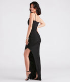 Own the spotlight in the Mina Ruched High Slit Formal Dress, a black formal dress crafted to deliver luxe style for summer weddings, Army Balls, or any special event.