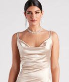 Kaylani Formal Satin Cowl Neck Long Dress