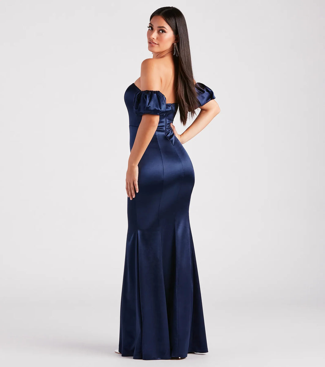 Simple Off Shoulder Mermaid Floral Satin Maxi Floral Formal Dresses For Women