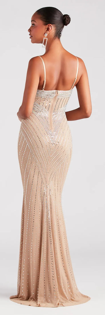 Revamp your 2025 wardrobe with this chic addition, the Tori Formal Rhinestone Mermaid Long Dress in nude, perfect for elevating your style in the new year.