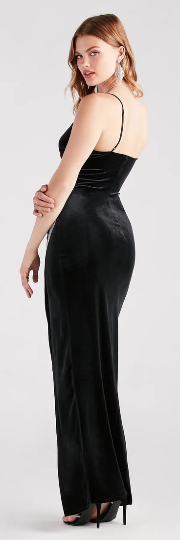 A stunning pick for an engagement photoshoot outfit or autumn wedding guest dress, this fall formal dress showcases the Dina Formal Velvet Rhinestone Slit Dress in black with a graceful silhouette that captures the moment.