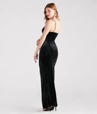 Revamp your 2025 wardrobe with this chic addition, the Dina Formal Velvet Rhinestone Slit Dress in black, perfect for elevating your style in the new year.