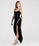 Make a bold statement in the Dina Formal Velvet Rhinestone Slit Dress in black, the perfect spring dress for weddings, cocktail hours, nights out, and/or seasonal celebrations.