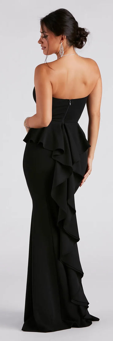 Celebrate in style with the Breanne Strapless Ruffled Back Mermaid Dress, a black formal wedding guest dress featuring an elegant silhouette and luxe details, perfect for a black-tie celebration.