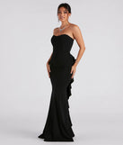 Make a bold statement in the Breanne Strapless Ruffled Back Mermaid Dress in black, the perfect spring dress for weddings, cocktail hours, nights out, and/or seasonal celebrations.