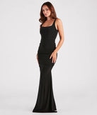 The Evania Formal Lace-Up Mermaid Dress is an elegant black formal dress in a rich seasonal color and with unique design accents that make dressing up for winter parties, holiday balls, or festive gatherings effortless!