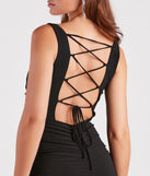 Make a statement in the Evania Formal Lace-Up Mermaid Dress, a black bodycon dresses that blends unique design details with a tight silhouette for a head-turning holiday or New Year's eve dress.