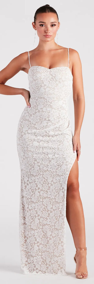 You'll be the best dressed in the Daphne Formal Lace Slit Long Dress as your winter formal dress with beautiful and unique details from Windsor.