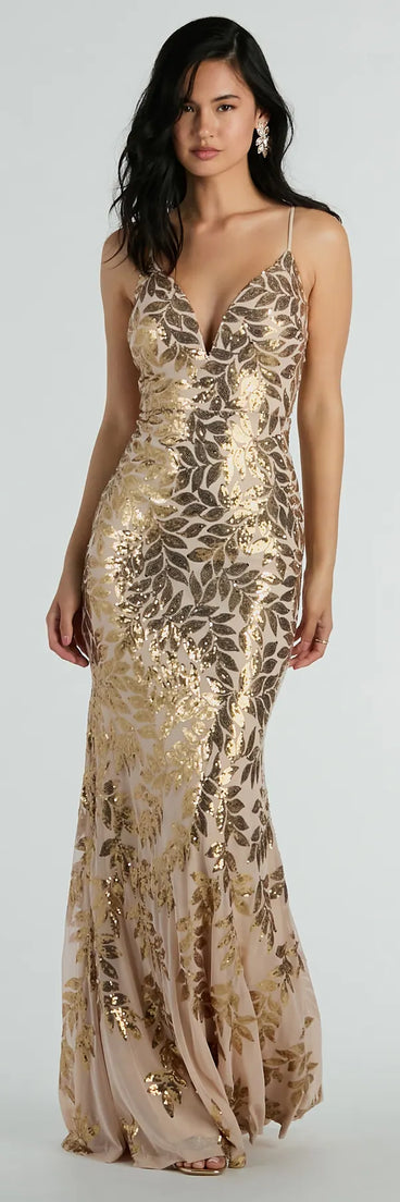 You'll be the best dressed in the Brie Formal Sequin Leaf Plunge Mermaid Dress as your summer formal dress with unique details from Windsor.