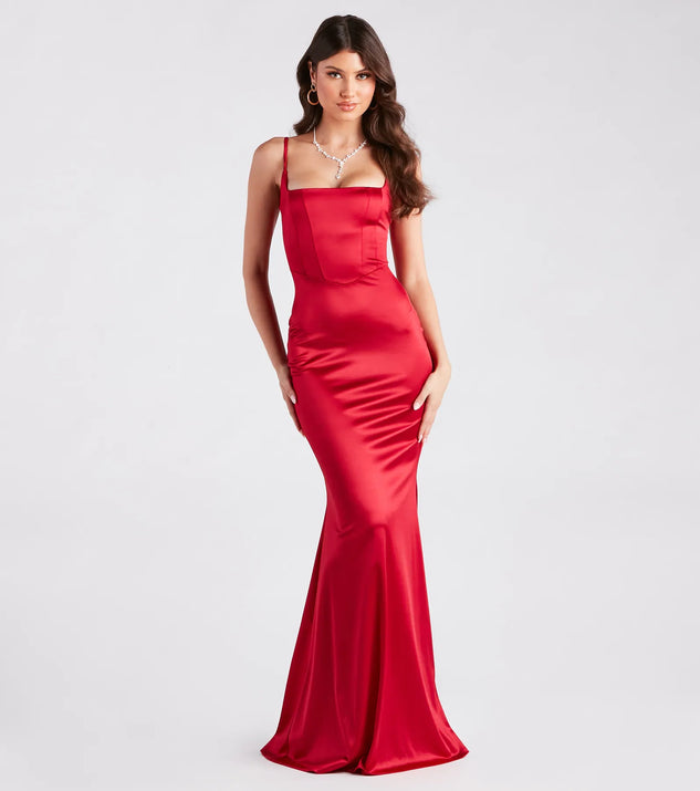 The Erin Formal Satin Mermaid Long Dress is an elegant red formal dress in a rich seasonal color and with unique design accents that make dressing up for winter parties, holiday balls, or festive gatherings effortless!