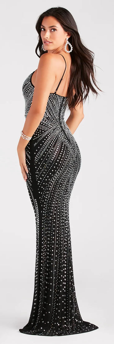 Turn heads with the Josselyn Formal Rhinestone Slim Long Dress, a black New Year's Eve dress featuring a festive style and glamorous accents, ideal for any NYE celebration or cocktail party.