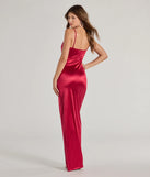 Kyla Cutout High Slit Satin Formal Dress in burgundy, a stylish red dress with a flattering fit and fabric that adds allure to your look, perfect for wedding guest attire, cocktail events, or making a bold statement on a date night.