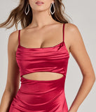 Make a bold statement in the Kyla Cutout High Slit Satin Formal Dress in burgundy, the perfect spring dress for weddings, cocktail hours, nights out, and/or seasonal celebrations.