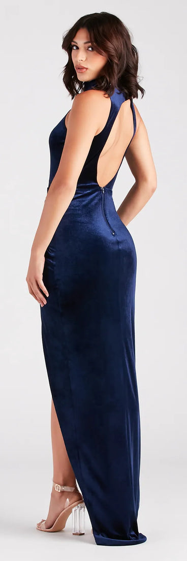 Janine Formal Velvet Open Back Mock Neck Dress