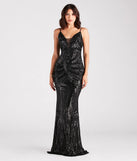 Turn heads at Prom 2025 in this black prom dress, where statement-making details meet the iconic style of the Pauline Formal Sequin Draped Bead Bodycon Dress .