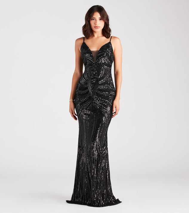 Turn heads at Prom 2025 in this black prom dress, where statement-making details meet the iconic style of the Pauline Formal Sequin Draped Bead Bodycon Dress .