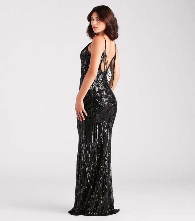 pauline sequin long sleeve dress in black Pauline Formal Sequin Draped Bead Bodycon Dress