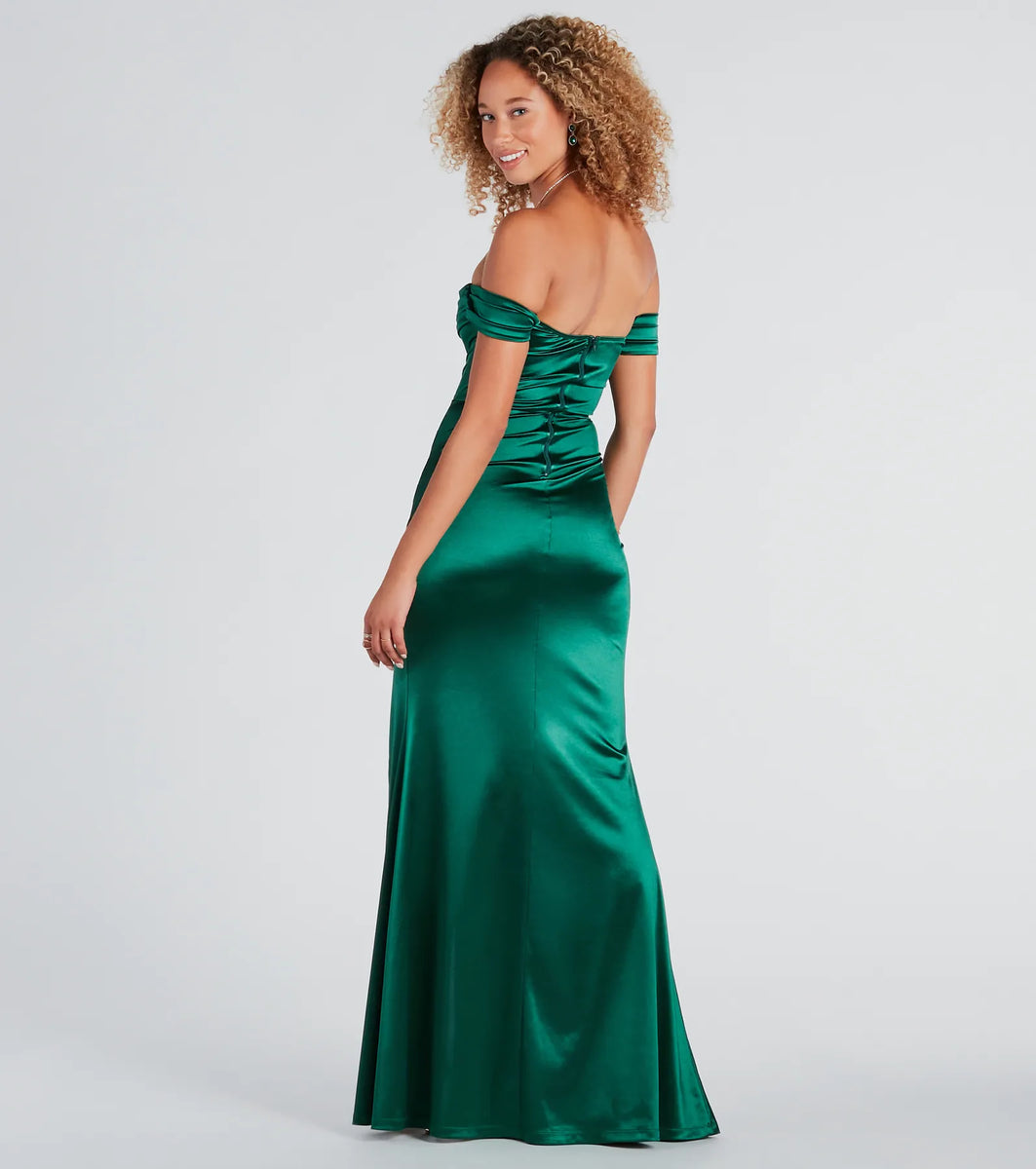 V Neck Satin Pleated Long Mermaid Formal Dresses main image 1