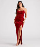 Turn heads at Prom 2025 in this red prom dress, where statement-making details meet the iconic style of the Riley Ruched Velvet Formal Dress .
