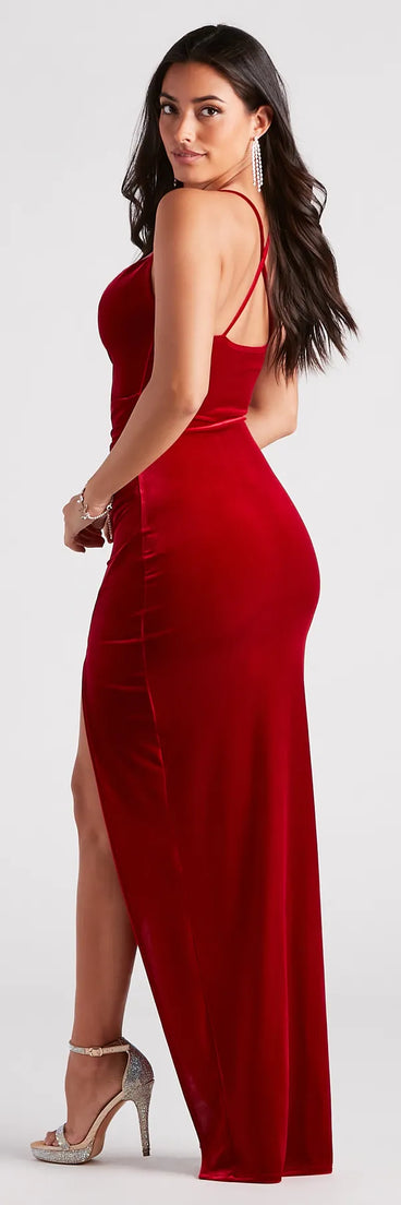 Riley Ruched Velvet Formal Dress in red, a stylish red dress with a flattering fit and fabric that adds allure to your look, perfect for wedding guest attire, cocktail events, or making a bold statement on a date night.