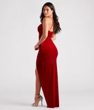 Riley Ruched Velvet Formal Dress in red, a stylish red dress with a flattering fit and fabric that adds allure to your look, perfect for wedding guest attire, cocktail events, or making a bold statement on a date night.
