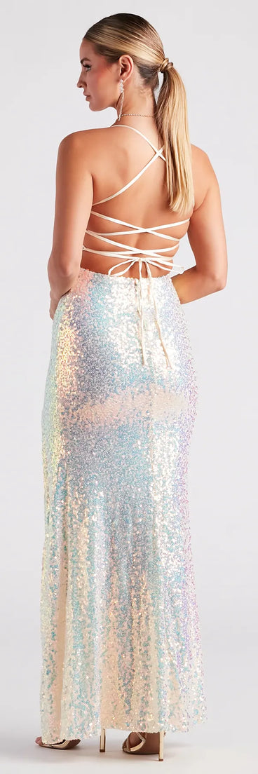 Aniyah Formal Sequin Lace-Up Dress