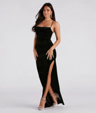 Make a bold statement in the Mel Glitter Velvet High Slit Formal Dress in black, the perfect spring dress for weddings, cocktail hours, nights out, and/or seasonal celebrations.