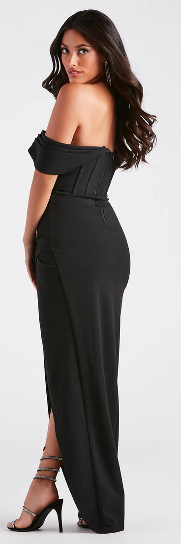 Celebrate in style with the Marleen Formal Crepe Corset Off-The-Shoulder Dress, a black formal wedding guest dress featuring an elegant silhouette and luxe details, perfect for a black-tie celebration.
