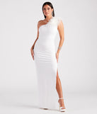 You'll look stunning in the Patricia Formal Crepe Marabou Long Dress, a white formal dress designed to create an effortless yet standout look as women's formal holiday attire, work party outfit, or NYE dress.