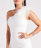 You'll look stunning in the Patricia Formal Crepe Marabou Long Dress, a white formal dress designed to create an effortless yet standout look as women's formal holiday attire, work party outfit, or NYE dress.