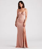 Turn heads at Prom 2025 in this nude prom dress, where statement-making details meet the iconic style of the Rosalyn Ruched Glitter Knit High Slit Formal Dress .