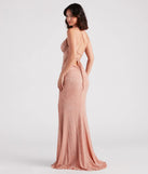 Celebrate in style with the Rosalyn Ruched Glitter Knit High Slit Formal Dress, a nude formal wedding guest dress featuring an elegant silhouette and luxe details, perfect for a black-tie celebration.