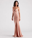 Make a bold statement in the Rosalyn Ruched Glitter Knit High Slit Formal Dress in nude, the perfect spring dress for weddings, cocktail hours, nights out, and/or seasonal celebrations.