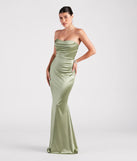 Make a bold statement in the Priscilla Formal Satin Strapless Mermaid Dress in sage green, the perfect green dress for weddings, cocktail hours, nights out, and/or seasonal celebrations.