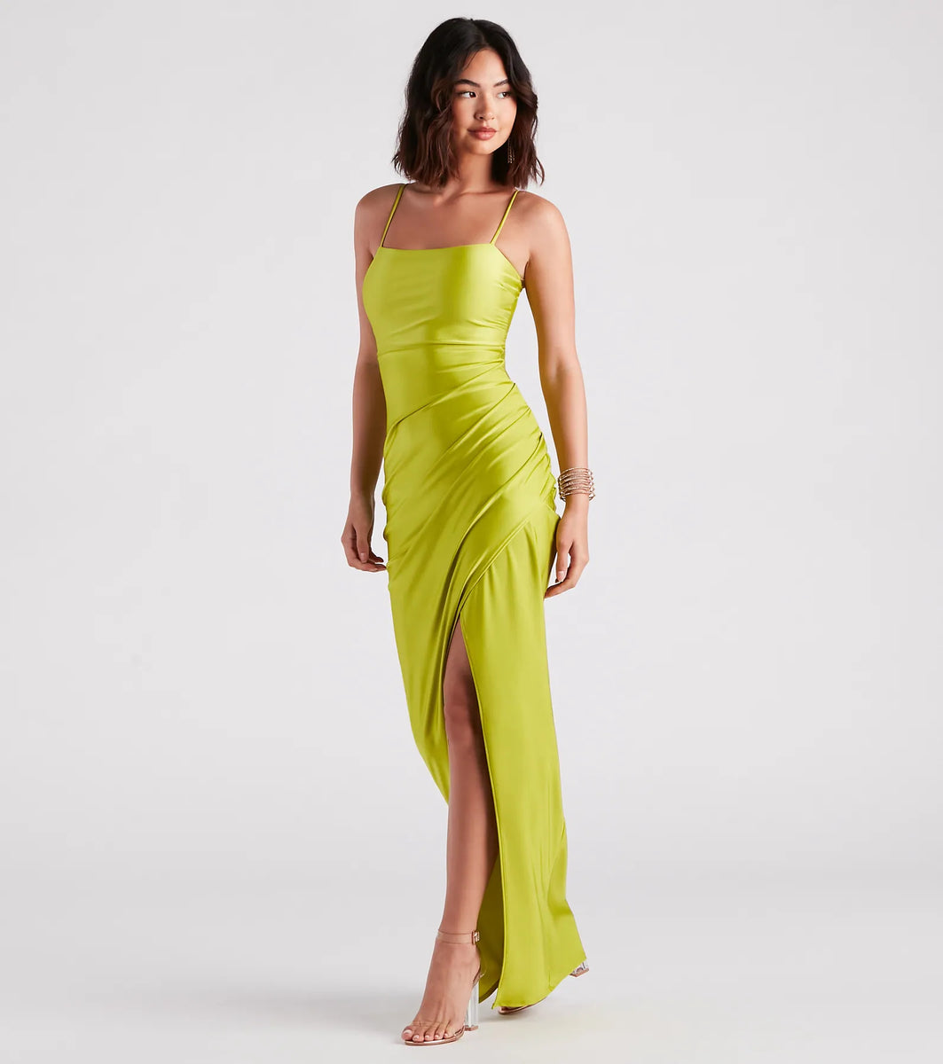 Square Neckline Long Lace Dress With Slit Moss