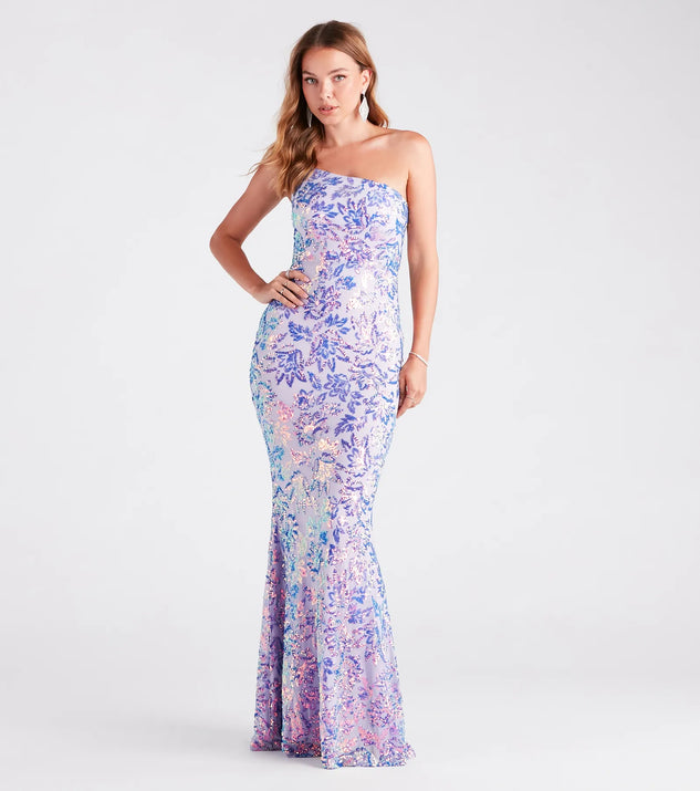 one shoulder mermaid hem sequin formal dress Plus Elegant One Shoulder Split Thigh Sequin Mermaid Hem Evening Dress