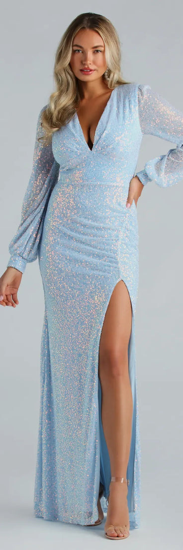 Turn heads in the beaming Mona Formal Sequin Long Sleeve Mermaid Dress, a stunning light blue sequin dress designed to add sparkle and elegance to your next night out or special occasion.