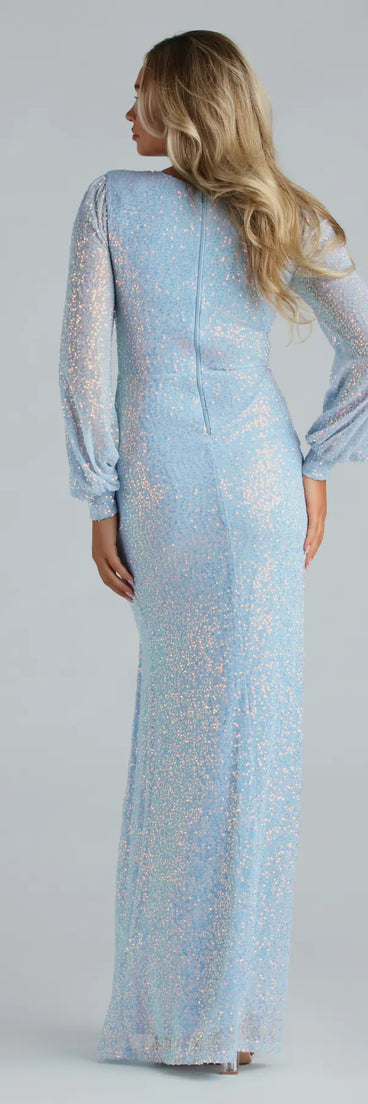 Stand out in a crowd with the Mona Formal Sequin Long Sleeve Mermaid Dress, a glamorous light sequin dress that sparkles effortlessly as an NYE party gown, wedding guest dress, or must-have evening wear for formal events like military balls and winter formals.