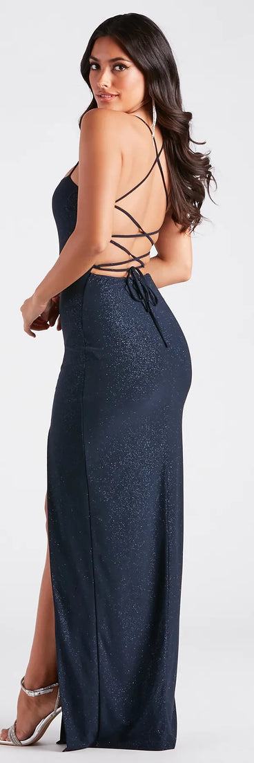 Turn heads at Prom 2025 in this navy blue prom dress, where statement-making details meet the iconic style of the Mikayla Formal Glitter Lace-Up Long Dress .