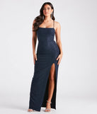 Celebrate in style with the Mikayla Formal Glitter Lace-Up Long Dress, a navy blue formal wedding guest dress featuring an elegant silhouette and luxe details, perfect for a black-tie celebration.