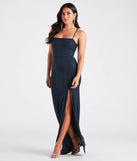 Make a bold statement in the Mikayla Formal Glitter Lace-Up Long Dress in navy blue, the perfect spring dress for weddings, cocktail hours, nights out, and/or seasonal celebrations.
