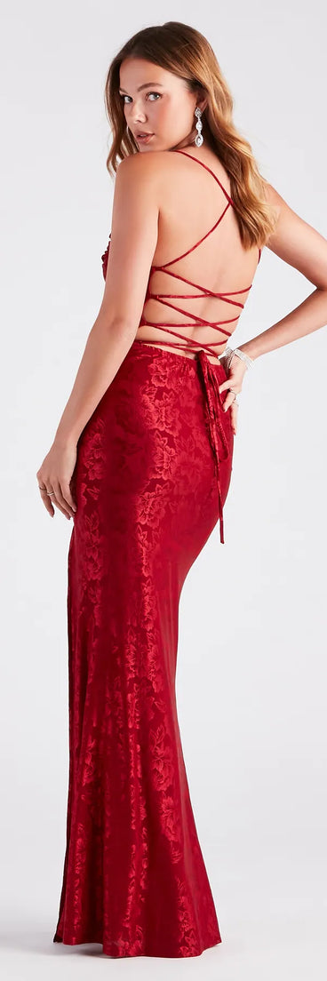 Kehlani Formal Floral Lace Slit Mermaid Dress in red, a stunning maid-of-honor dress with a flattering fit and romantic details, perfect for autumn wedding themes.