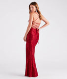 Kehlani Formal Floral Lace Slit Mermaid Dress in red, a stunning maid-of-honor dress with a flattering fit and romantic details, perfect for summer wedding themes.