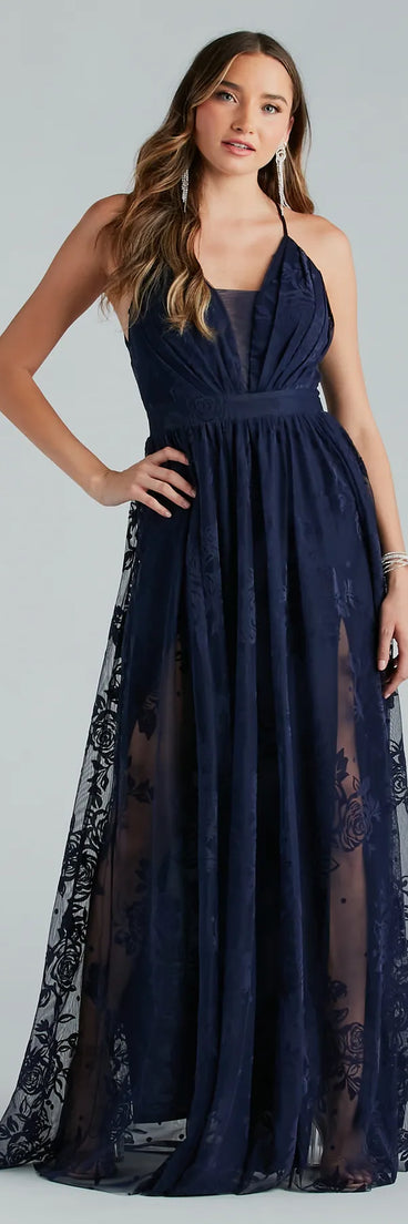 The Lina Flocked Velvet A-Line Formal Dress is an elegant navy blue formal dress in a rich seasonal color and with unique design accents that make dressing up for winter parties, holiday balls, or festive gatherings effortless!