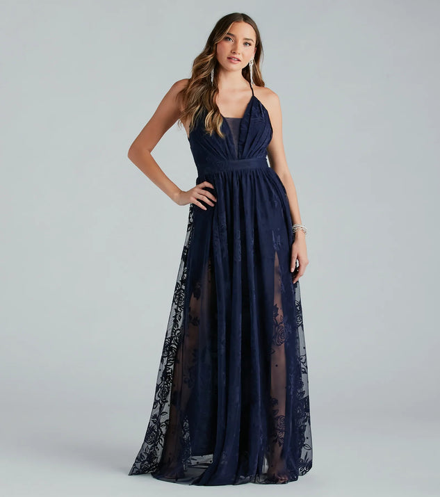 The Lina Flocked Velvet A-Line Formal Dress is an elegant navy blue formal dress in a rich seasonal color and with unique design accents that make dressing up for winter parties, holiday balls, or festive gatherings effortless!