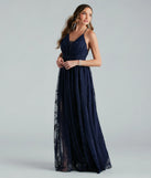 The Lina Flocked Velvet A-Line Formal Dress is an elegant navy blue formal dress in a rich seasonal color and with unique design accents that make dressing up for winter parties, holiday balls, or festive gatherings effortless!