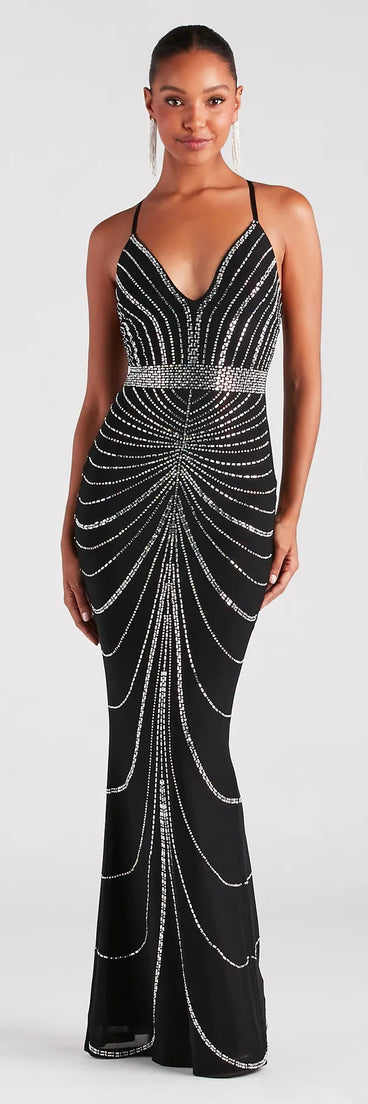 Own every entrance in the Maisyn Formal Rhinestone V-Neck Long Dress, a black party dress perfect for milestone birthdays, homecoming dances, and unforgettable bachelorette celebrations.