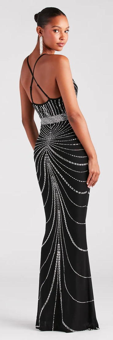 Own every entrance in the Maisyn Formal Rhinestone V-Neck Long Dress, a black party dress perfect for milestone birthdays and grad parties, or dancing through summer nights and unforgettable bachelorette celebrations.