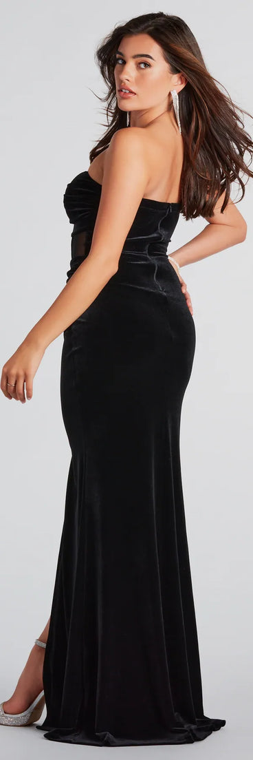 Celebrate in style with the Mia Formal Velvet Corset Wrap Long Dress, a black formal wedding guest dress featuring an elegant silhouette and luxe details, perfect for a black-tie celebration.