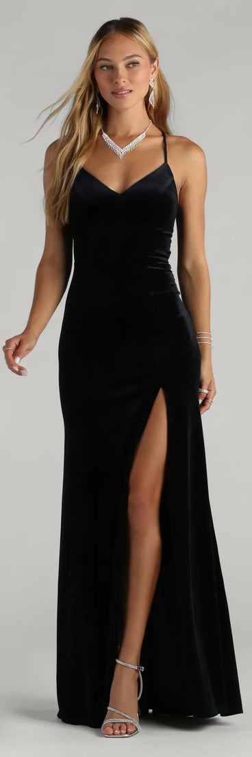 The Jaymie Formal Velvet Lace Back Mermaid Dress in luxe black fabric, a stunning prom dress with statement details designed to make a bold impression at Prom 2025.
